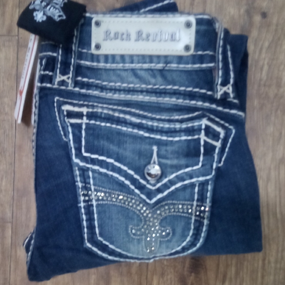 Rock Revival Blue Denim Jeans Skinny Bejeweled Rhinestones Distressed NWT